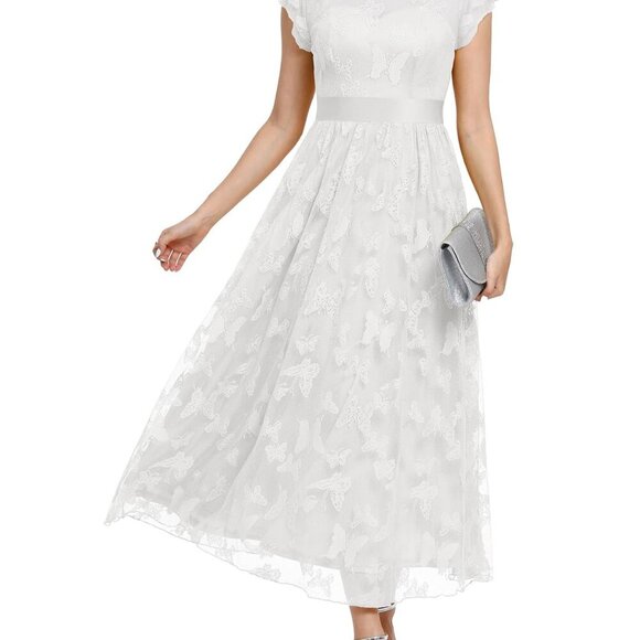 Dresses & Skirts - Flowy Tulle Midi Dress with Ruffle Sleeves Lace Trim Formal Party